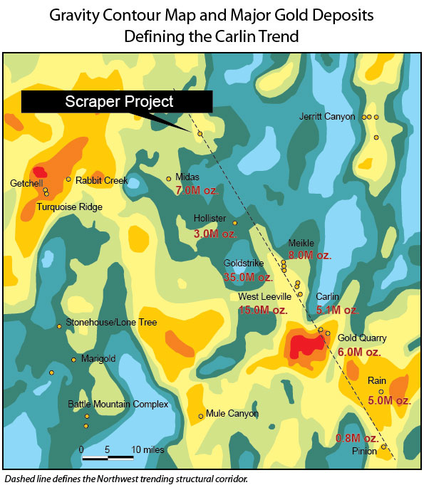Scraper Property - Gravity Contour Map & Major Gold Deposits